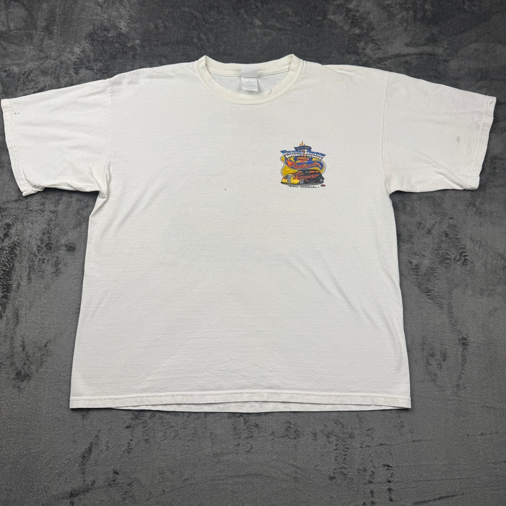 Gildan Activewear T-Shirt Mens XL White 2003 Early Iron Festival Hot Rod Car Tee